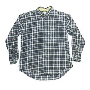 IZOD Flannel Shirt Mens Medium Blue White Plaid Button Up Long Sleeve Casual